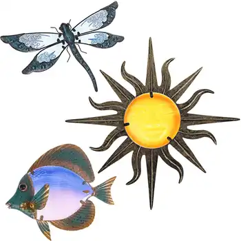 Metalo Dragonfly /Žuvies /Šypsena Saulė Sienos Meno kūrinius Sodo Puošmena Miniaturas Gyvūnų Lauko Statulų ir Skulptūrų Kiemas Dekoro