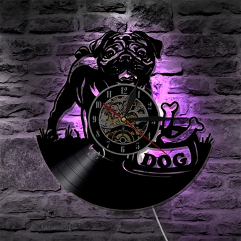 Mielas anglų Buldogas Modernios LED Kabo Lempa Pug Šuo Šuniukas Gyvūnų Sienos Žiūrėti Dekoratyvinis Apšvietimas Vinilo Įrašas Sieninis Laikrodis