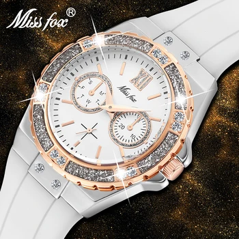 MISSFOX Laikrodžiai Moterims Ženevos Mados Ponios Žiūrėti Prabangus Diamond White Gumos Juosta Moterų Kvarcinis Laikrodis Xfcs 2020 Naujas