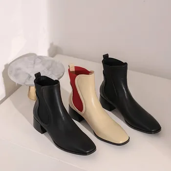 MLJUESE 2021 moterų batai minkštas Karvės odos žiemos trumpas pliušinis paslysti ant kvadratinių kojų aukštakulnius moteris 