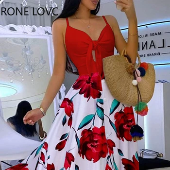 Moterims Gėlių Spausdinti Rišti Priekyje Išpjovą Mygtuką Maxi Suknelė Elegantiškas Mados Chic Suknelė
