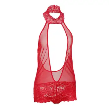 Moteriški Sleepwear Apatinis Trikotažas Raudona Seksualus Bodysuit Aukšto Kaklo Vien Nėriniai