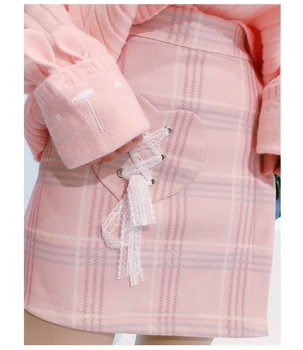 Moterys-line Pledas Vilnonis Nėriniai-up kelių sluoksnių Šortai, Sijonas Preppy stilius Mielas Japonijos Rudenį Rožinė Kawaii Širdies kišenėje Saldus Sijonai
