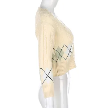 Moterys\u2019s Atsitiktinis ilgomis rankovėmis Megztinis Mados Geometrinių raštų V-Kaklo Single-breasted Trumpas Stiliaus Kailis