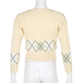 Moterys\u2019s Atsitiktinis ilgomis rankovėmis Megztinis Mados Geometrinių raštų V-Kaklo Single-breasted Trumpas Stiliaus Kailis