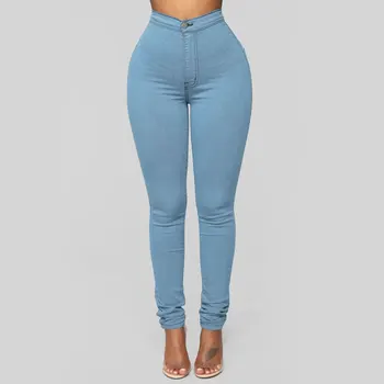 Moterų atsitiktinis džinsus mados plauti ruožas liesas džinsus paprasta vientisa spalva ponios džinsinio audinio kelnės plonas pieštuku kelnės