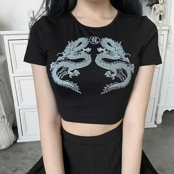 Moterų Gotikos Pasėlių Viršuje Vasaros Sexy Marškinėliai Japonijos Harajuku Tee Goth Croptop Juodos Spalvos Trumpomis Rankovėmis Drabužius Kinų Drakonas Spausdinti