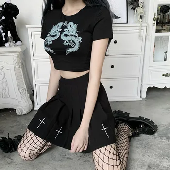 Moterų Gotikos Pasėlių Viršuje Vasaros Sexy Marškinėliai Japonijos Harajuku Tee Goth Croptop Juodos Spalvos Trumpomis Rankovėmis Drabužius Kinų Drakonas Spausdinti