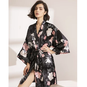 Moterų Pavasarį, Rudenį ilgomis Rankovėmis Kimono Skraiste Lengvas Šilko Chalatą Pižamą Didelio Dydžio