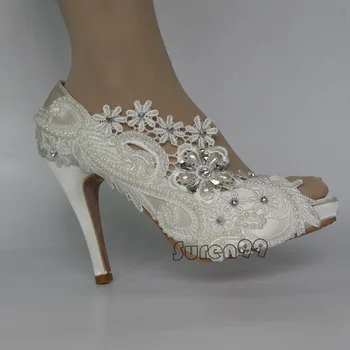 Moterų Peep toe vestuvių bateliai, kulno Satino nėriniais kristalų prom evenning batai didelio dydžio 5-10
