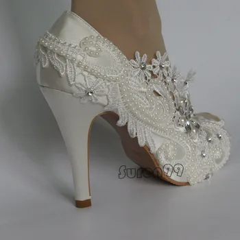 Moterų Peep toe vestuvių bateliai, kulno Satino nėriniais kristalų prom evenning batai didelio dydžio 5-10
