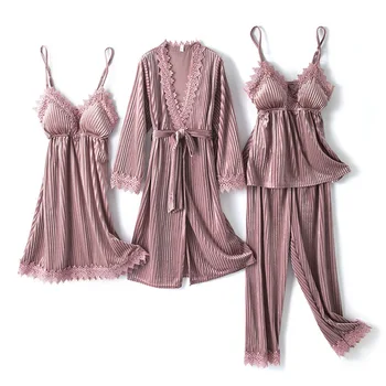 Moterų Pižama Veliūras 4PCS Sleepwear Dryžuotas Chalatas Kimono Suknelė naktiniai drabužiai Rudens Žiemos Miego Rinkinys Sexy Pijamas Kostiumas Homewear