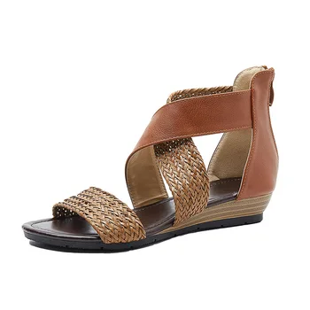 Moterų sandalai 2020 metų vasaros austi sandalai etninės stiliaus patogus atsitiktinis žuvies burną, storas dugnas Romos stilius sandalai