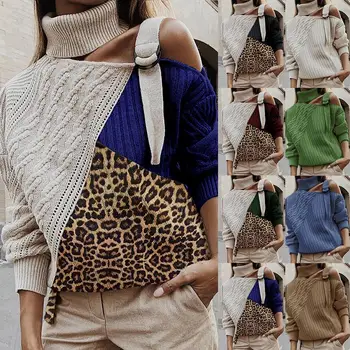 Moterų Sexy Off Peties Blokuoti Kratinys Megztiniai Kūrybinis Dizainas Leopard Golfo Megztinis Ilgomis Rankovėmis Megztinis Viršūnės