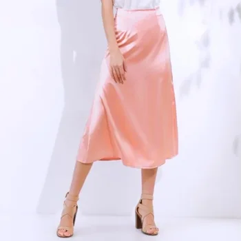 Moterų Sijonai Vientisos Spalvos Elegantiškas Šilko Satino Vintage Stiliaus Sijonas Moterų Vasaros Mados Aukštos Juosmens-Line Midi Sijonai Naujas