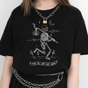 Moterų Skeletas T-Shirt Atsižvelgti į Ilgą Kelią Namo, Letter Spausdinimo Viršuje Tumblr Grunge Estetinės Tee Hipster Meno Kultivatorius tees grafinis grunge