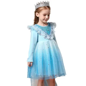 MUABABY Tirštėti Mėlyna Elsa Suknelė ilgomis Rankovėmis Pridėti Vilnos Princesė Kostiumas Blizgučiais Gradientas Helovinas Šalis Išgalvotas Drabužius Frocks