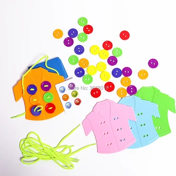 Mygtukas threading Dėlionė, stalo Žaidimas ,Drabužiai, Mygtukai jungiamąją Žaislų, drabužių virvę threading Montessori Jutimo Anksti Švietimo žaislai