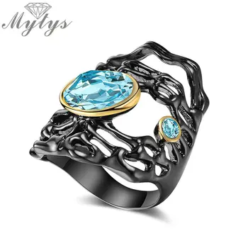 Mytys Juoda Ginklą Spalvos Žiedas Tuščiaviduriai Dizainas Antikvariniai Gotų Papuošalų Ocean Blue Crystal Žiedą, Moterims Pareiškimą Kokteilis Žiedas R2139