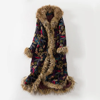 Nacionalinės stiliaus moterų žiemos kamšalu striukė medvilnės skalbiniai per kelio šviesą negabaritinių kailio apykakle gobtuvu ilgai spausdinimo kailis M138