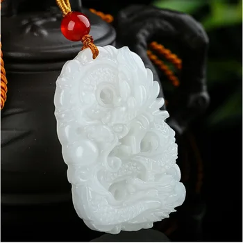 Natūralus Baltas Jade Dragon Pakabukas Žadeitas Karoliai Žavesio Papuošalų Mados Aksesuarai Ranka Raižyti Sėkmės Amuletas Dovanos