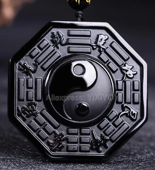 Natūralus Juodas Obsidianas, Išraižytas Kinijos Susiduria BaGua Pasisekė Amuletas Pakabukas + Nemokamas Karoliai Mados Kristalų Bižuterijos