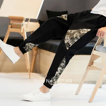 Nauja Japonų Stiliaus Kanagawa Lino Laisvi Kojų Kelnės Dydį Mados Vyrų Spausdinti Haremo Kelnės Elastingos Juosmens Kelnės Plius Dydis