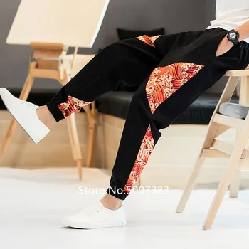Nauja Japonų Stiliaus Kanagawa Lino Laisvi Kojų Kelnės Dydį Mados Vyrų Spausdinti Haremo Kelnės Elastingos Juosmens Kelnės Plius Dydis
