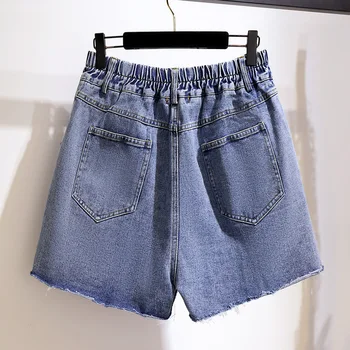 Nauja merginų vasaros plius dydis džinsinio šortai moterims didelių palaidų atsitiktinis granulių medvilnės blue pocket džinsai, šortai, 3XL 4XL 5XL 6XL 7XL
