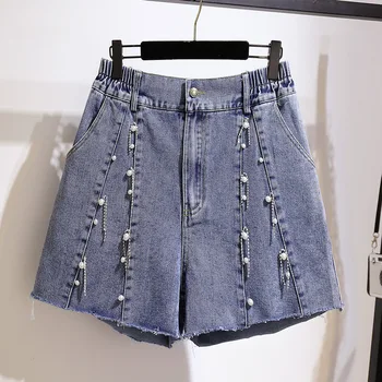 Nauja merginų vasaros plius dydis džinsinio šortai moterims didelių palaidų atsitiktinis granulių medvilnės blue pocket džinsai, šortai, 3XL 4XL 5XL 6XL 7XL