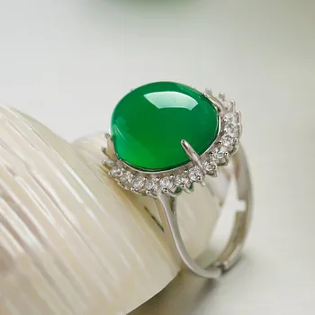 Nauja sidabro inkrustacijos su žalia chalcedony reguliuojamas žiedo kilnus, elegantiškas žavesio Kinijos moterų prekės papuošalai