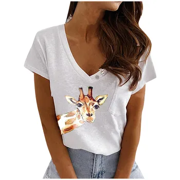 Nauja, T-shirt Moterų Žirafa Spausdinti Su Kišenėmis Marškinėlius Summer Tee Marškinėliai Prarasti V-Kaklo trumpomis Rankovėmis marškinėliai camisetas mujer Z0622