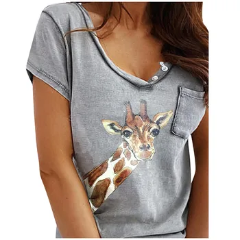 Nauja, T-shirt Moterų Žirafa Spausdinti Su Kišenėmis Marškinėlius Summer Tee Marškinėliai Prarasti V-Kaklo trumpomis Rankovėmis marškinėliai camisetas mujer Z0622