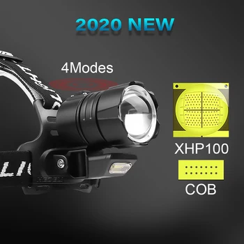 Naujas galingas žibintas xhp100 cob led galvos žibintuvėlis žibintuvėlis žibintų žvejybos priekinis žibintas 18650 USB įkrovimo baterija (akumuliatorius medžioklės lempos