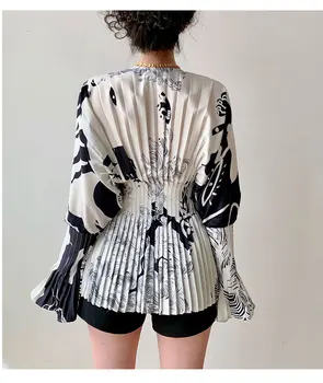 Naujas korėjos Stiliaus Harajuku Mados Dizaineris Palaidinė Moterims Visiškai Blyksnius Plisuotos Rankovėmis Marškinėliai Slim Moterų Viršūnių Spausdinti Palaidinė SL076