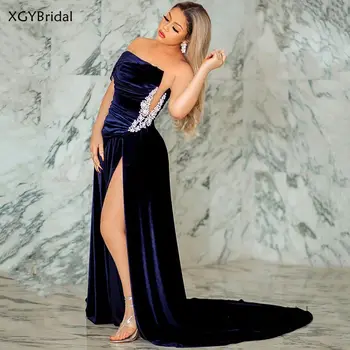 Naujas Seksualus Vakaro Suknelės 2021 Arabų Aso Ebi Aksomo Aukštos Padalinta Prom Dresses Perlai Oficialią Šalies Ypatinga Proga-Suknelė Skraiste Femm