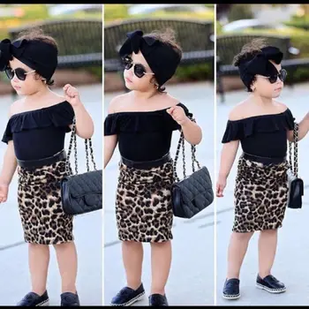 Naujas Stilingas Mažylis Baby Girl Apranga Off Peties vientisos Spalvos Tank Marškinėliai Top Aukštos Juosmens Leopard 