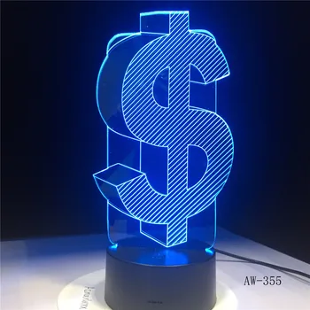 Naujiena 3D Dolerio Ženklas USD Namų Dekoro Lempos Flash Šalies Atmosferą Luminarias Touch 7 Spalvų Kaita LED Šviesos Iliuzija AW-355
