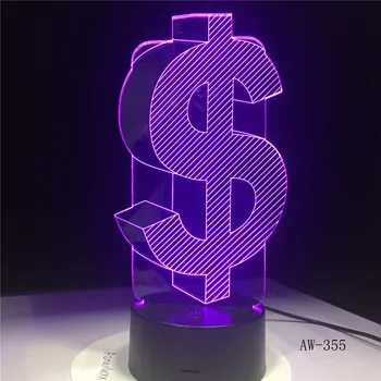 Naujiena 3D Dolerio Ženklas USD Namų Dekoro Lempos Flash Šalies Atmosferą Luminarias Touch 7 Spalvų Kaita LED Šviesos Iliuzija AW-355