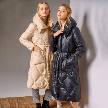 Negabaritinių Atvartas Striukė Moterims Ilgas Kailis 90% Ančių Pūkai Šiltas Parkas Juosmens Kaklaraištis-apsiaustas Sniego Šiltas Outwear Manteau Femme Hiver 2020 m.
