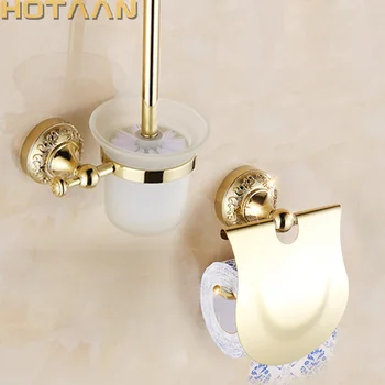 Nemokamas pristatymas,kieto žalvario Vonios Aksesuarų Rinkinys,tualeto šepetys turėtojas,Popieriaus Laikiklį,Aukso vonios rinkiniai HT-812900-2