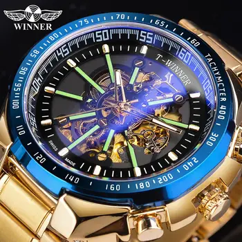 Nugalėtojas Mėlyna Šviesa Stiklo Naujas Mados Vyrai Laikrodžiai Juodos, Aukso, Nerūdijančio Plieno, Atsparus Vandeniui Sporto Automatinis Laikrodis Šviesos Laikrodis