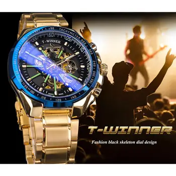 Nugalėtojas Mėlyna Šviesa Stiklo Naujas Mados Vyrai Laikrodžiai Juodos, Aukso, Nerūdijančio Plieno, Atsparus Vandeniui Sporto Automatinis Laikrodis Šviesos Laikrodis