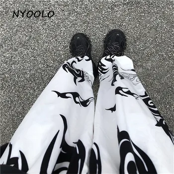 NYOOLO Atsitiktinis streetwear Totem spausdinti jogger kelnės moterims, vyrams Harajuku Derliaus prarasti elastinga juosmens hip-hop, punk tiesios kelnės