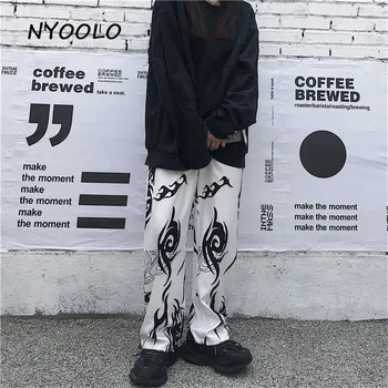NYOOLO Atsitiktinis streetwear Totem spausdinti jogger kelnės moterims, vyrams Harajuku Derliaus prarasti elastinga juosmens hip-hop, punk tiesios kelnės