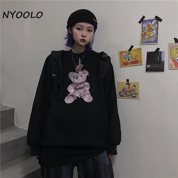 NYOOLO Harajuku Stilius Lokys Spausdinti ilgomis Rankovėmis Puloveriai, Vilnos Megztinių Moterims Rudens Žiemos Laisvi O-Kaklo Plus Black Velvet Viršūnės