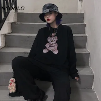 NYOOLO Harajuku Stilius Lokys Spausdinti ilgomis Rankovėmis Puloveriai, Vilnos Megztinių Moterims Rudens Žiemos Laisvi O-Kaklo Plus Black Velvet Viršūnės