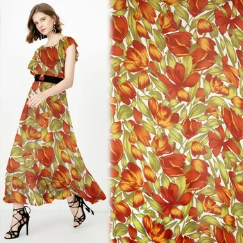 Oranžinės spalvos gėlių spausdinti gryno šilko šifono šilko audinio natūralaus šilko audinio suknelė,SCF162