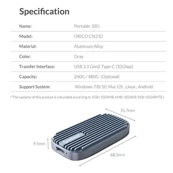 ORICO CN210 Mini Nešiojamieji SSD 240GB 480GB Tipas-C 520M/S Išorinio Kietojo Disko M. 2 SATA NGFF USB C Išorinis SSD Kietųjų Diskų