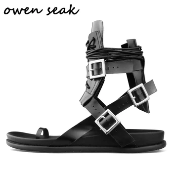 Owen Seak Vyrų Romos Sandalai Juodi Batai Gladiatorių Sandalai High-Top Owen Natūralios Odos Šlepetės Skaidres Vasaros Vyrai Sandalai